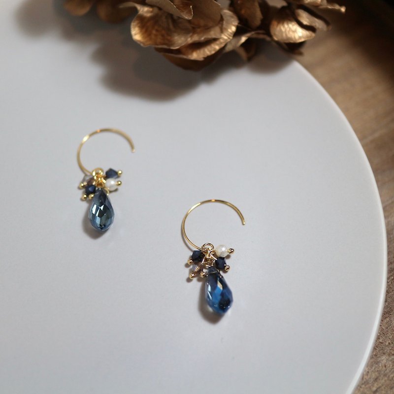 Ink blue water drop crystal office workers extremely simple flash diamond chalcedony dangle earrings x - ต่างหู - โลหะ สีน้ำเงิน