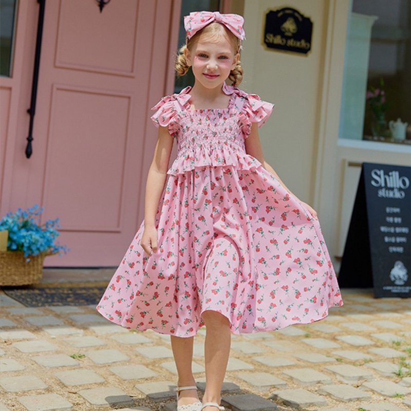 Rose Bow Smoked Dress - Brighter Pink - 男/女童禮服 - 其他材質 