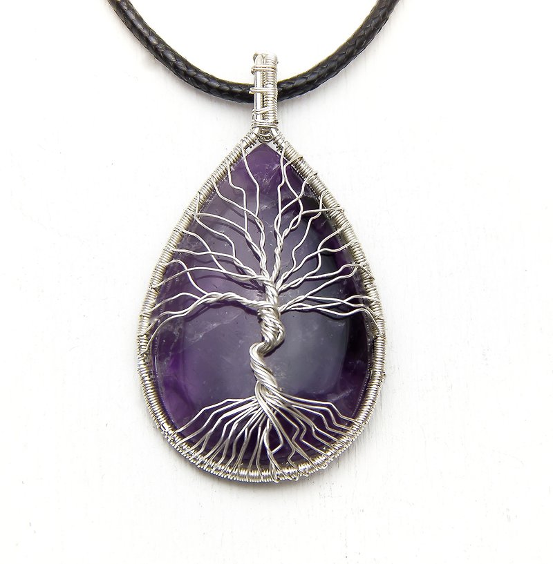 Silver Tree of life Amethyst Necklace, Wire Wrapped Pendant, Spiritual Jewelry - Necklaces - Stone Purple