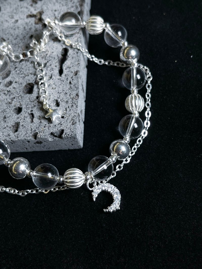 White Crystal Sterling Silver Beads Moon Charm Double Layer Bracelet - Bracelets - Crystal 