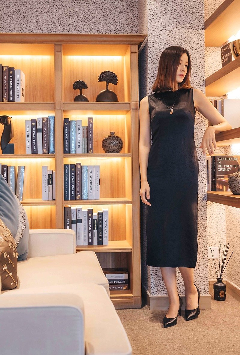 ブラック目重い絹のドレスA0008 - ワンピース - シルク・絹 
