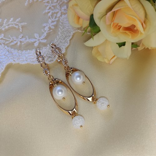 AnnyStyleJewelry Luxury Long Pearl Gold Earrings, Wedding Pearl Dangle Drop Statement Earrings