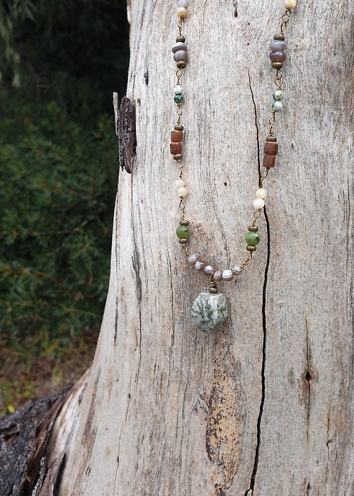 SilverStonesStars Moss agate necklace, nephrite, wood, brass, raw stone, Lunar New Year gift