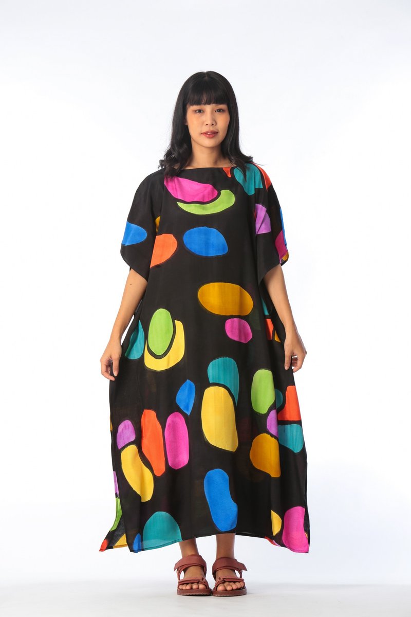 Hand Painted Cotton Silk Kaftan for Summer Resort Vacation F - 洋裝/連身裙 - 棉．麻 黑色