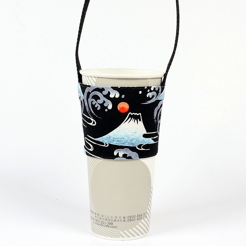 Beverage Cup Holder Eco-friendly Cup Holder Bag-Mount Fuji (Black), Japan - Beverage Holders & Bags - Cotton & Hemp Black