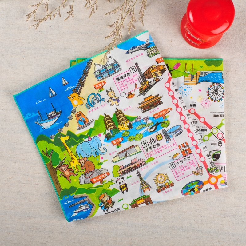 Out of print/Fall in love with Kaohsiung/Kaohsiung Eat, Drink and Have Fun MRT Map Handkerchief/Pure cotton made in Taiwan - ผ้าเช็ดหน้า - ผ้าฝ้าย/ผ้าลินิน 