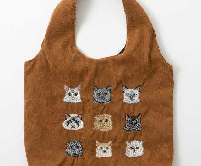 Jubilee アニマル刺繍 コーデュロイトートバッグ 猫 ブラウン