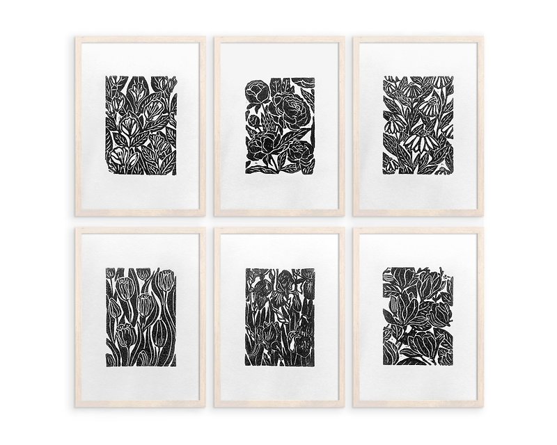 Gallery wall set of 6 4 2 art Black linocut print flowers Jasmine peonies tulips - 掛牆畫/海報 - 紙 黑色