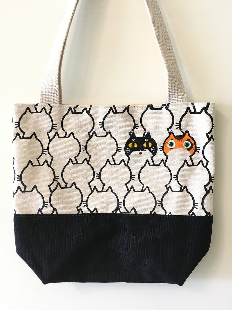 Meow Mountain Meow Sea Tote Bag Small~Hand Touch Screen Printing - Handbags & Totes - Cotton & Hemp White