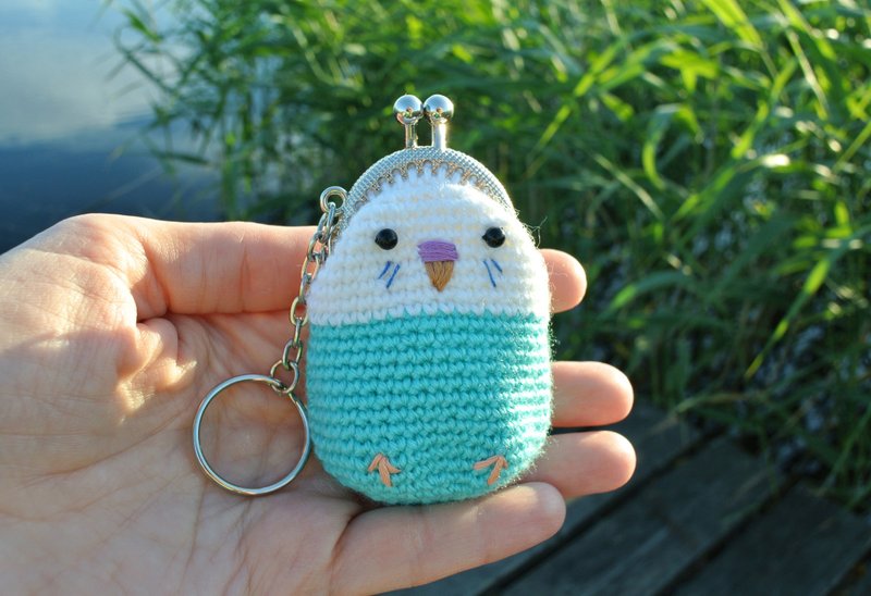 Budgie, parrot, crochet purse, cute bag, bag charm, keychain - 零錢包/小錢包 - 其他材質 藍色