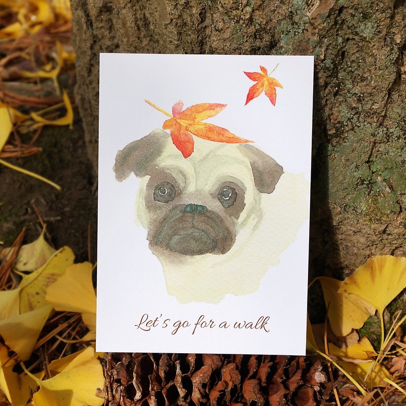 はがきカード水彩画かわいい動物落ち葉秋のパグ子犬 - カード・はがき - 紙 ブラウン