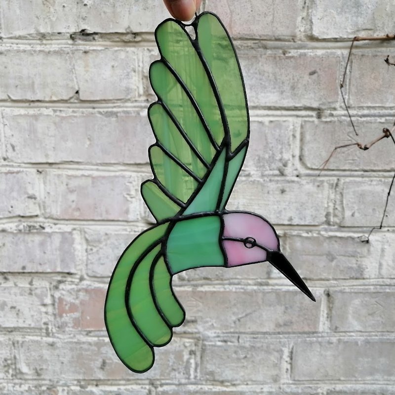 Flying Hummingbird Stained Glass Suncatcher for Window, Unique Bird Wall Decor - Wall Décor - Glass Green