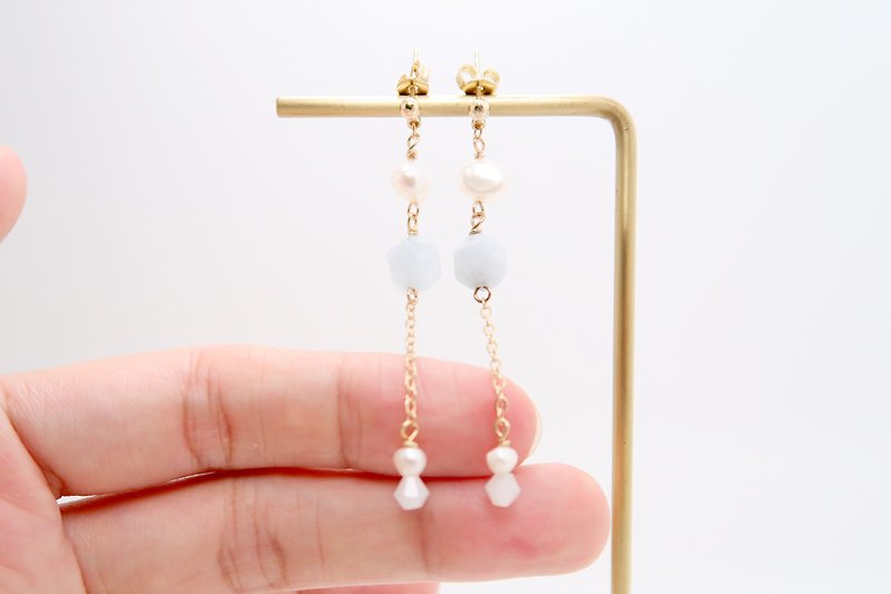 Faceted Aquamarine/Baroque Pearls Dangling Earrings/Long Chain/14K GF/Clip-on - Earrings & Clip-ons - Crystal White