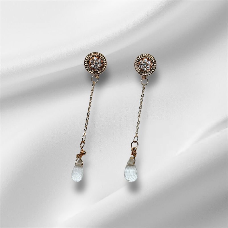 [Customized] Round diamond-encrusted earrings l white crystal. 14k gold-filled accessories, 925 Silver - ต่างหู - คริสตัล ขาว