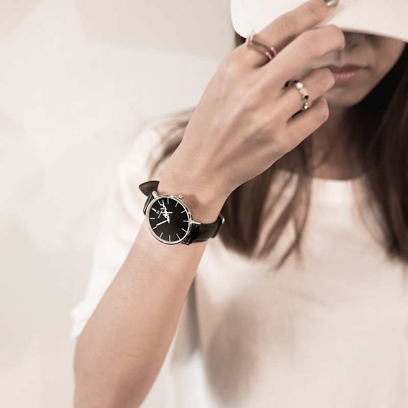 客製化指針手錶-36mm經典皮革小錶款 - 女錶 - 真皮 黑色