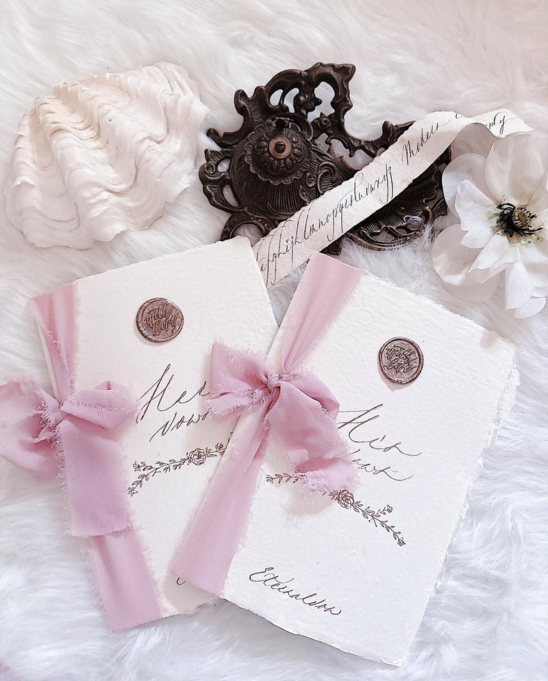 手工紙絲帶婚禮誓言本 + 火漆印章 Vow Books   (一組2入)  | - 結婚書約 - 紙 粉紅色