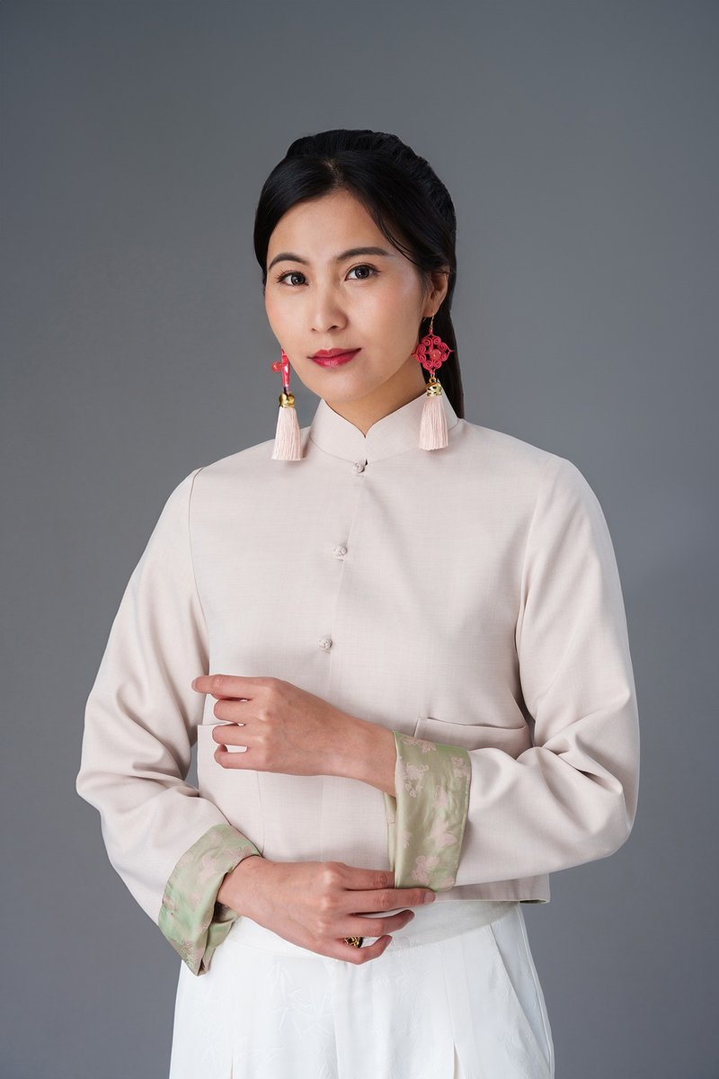 短款亞麻唐裝外套 (米色/ 綠色) |香港設計 - 女襯衫 - 棉．麻 卡其色