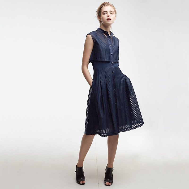 壓光條紋蕾絲洋裝 - 洋裝/連身裙 - 聚酯纖維 藍色