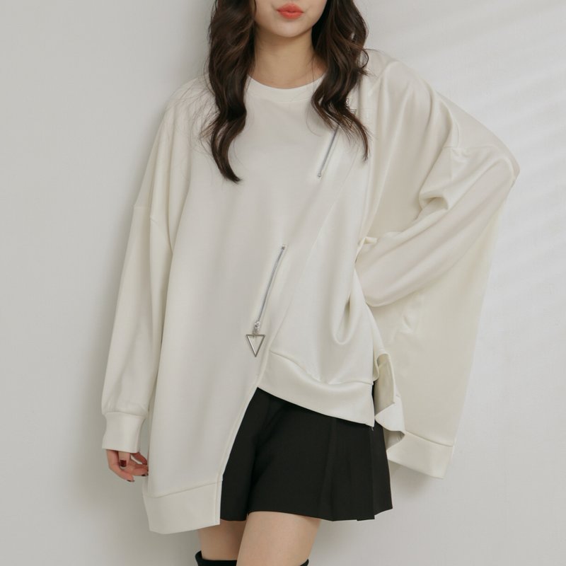 Irregular hem-long-sleeved loose top-white - Women's Tops - Polyester White