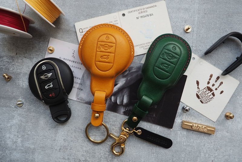 純手工 牛皮 寶馬MINI Cooper JCW鑰匙包  顏色 可客製 可刻 - 鑰匙圈/鑰匙包 - 真皮 多色