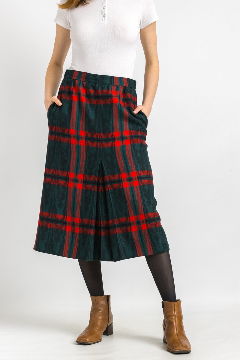 80s Vintage Tartan Plaid Wool Woman Midi Skirt, Midi Skirt in Red 6157 - 裙子/長裙 - 羊毛 紅色