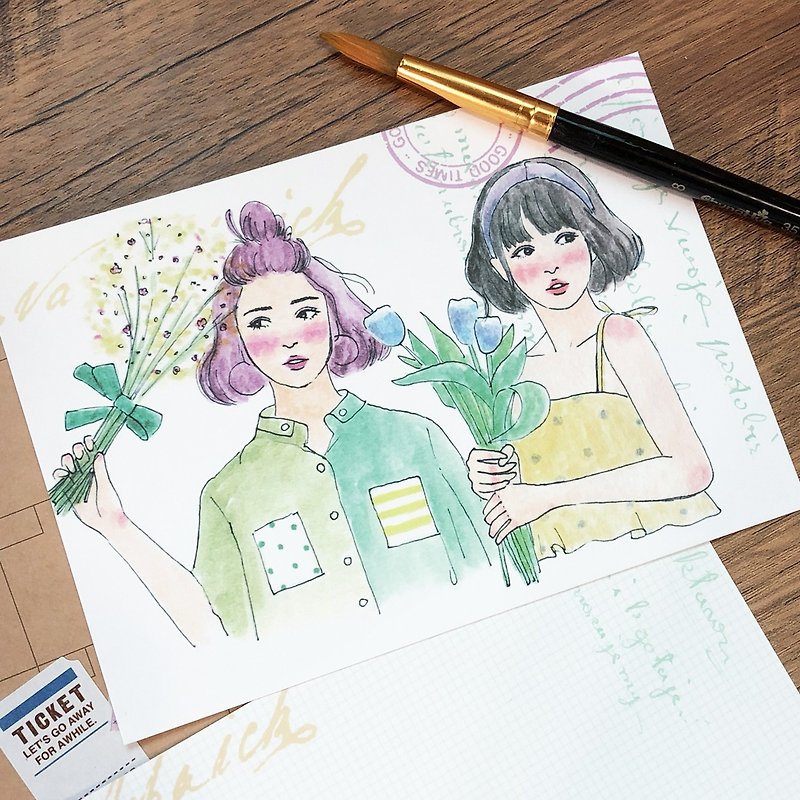 Girl who loves flowers postcard - การ์ด/โปสการ์ด - กระดาษ 