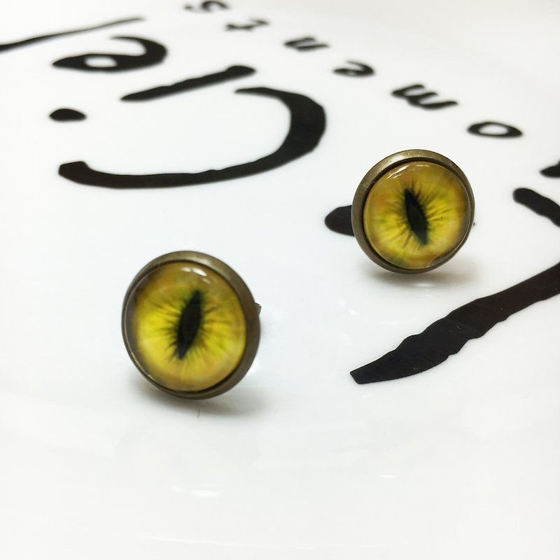 古銅復古耳環—貓瞳印象—亮黃色貓眼 /另提供改夾式 - 耳環/耳夾 - 其他金屬 黃色