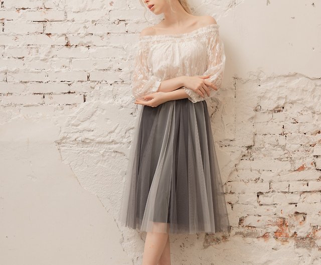 Contrast color inner glossy Phyllis short tulle skirt gray - Shop