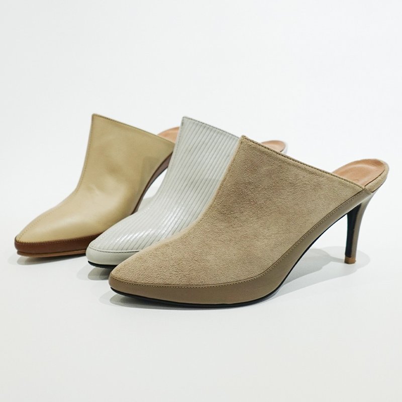 Elizabeth拼接穆勒高跟鞋(三色)MIT款 - 高跟鞋/跟鞋 - 真皮 卡其色