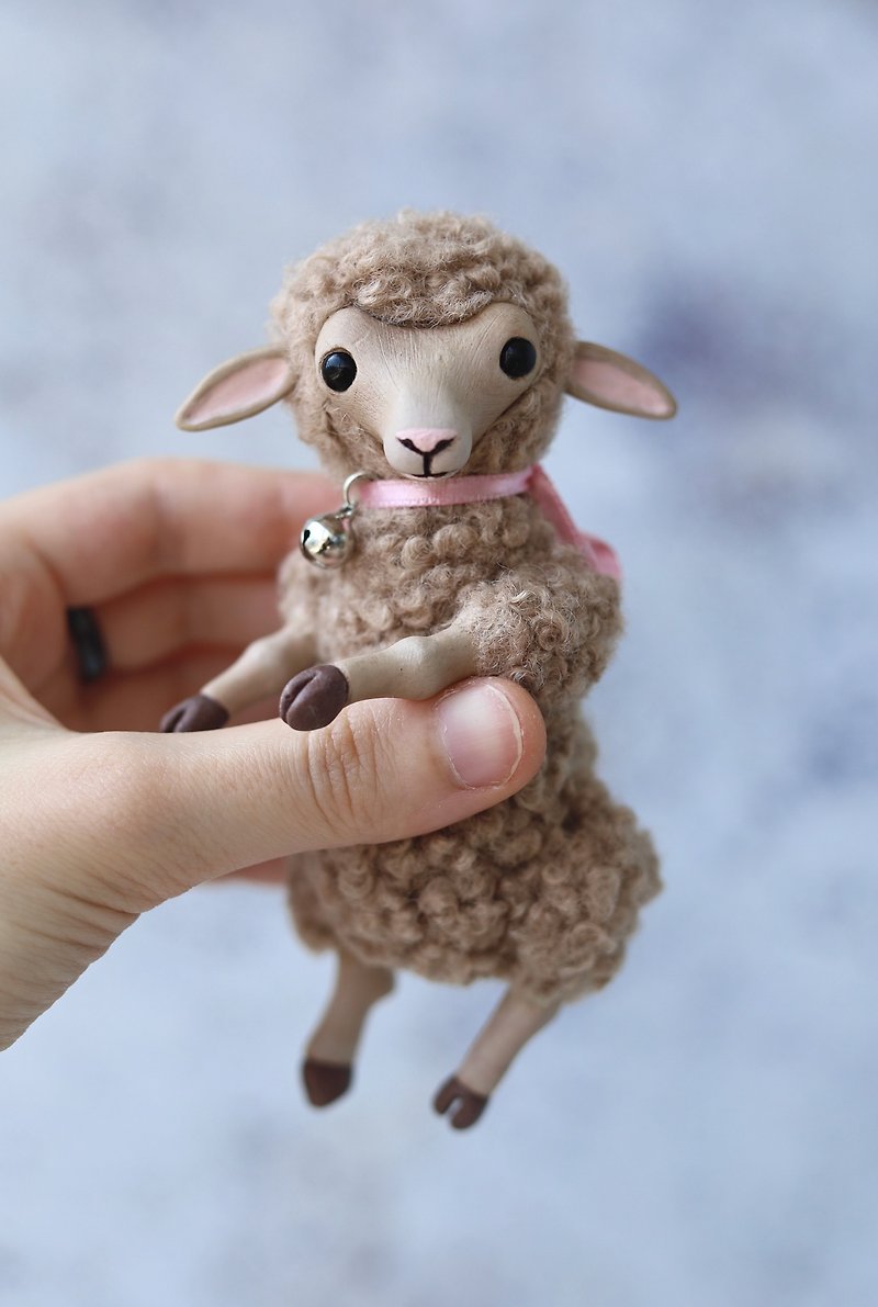 Cute sheep, mixed media toy, plush sheep, polymer clay sheep, faux fur sheep art - Stuffed Dolls & Figurines - Wool Brown