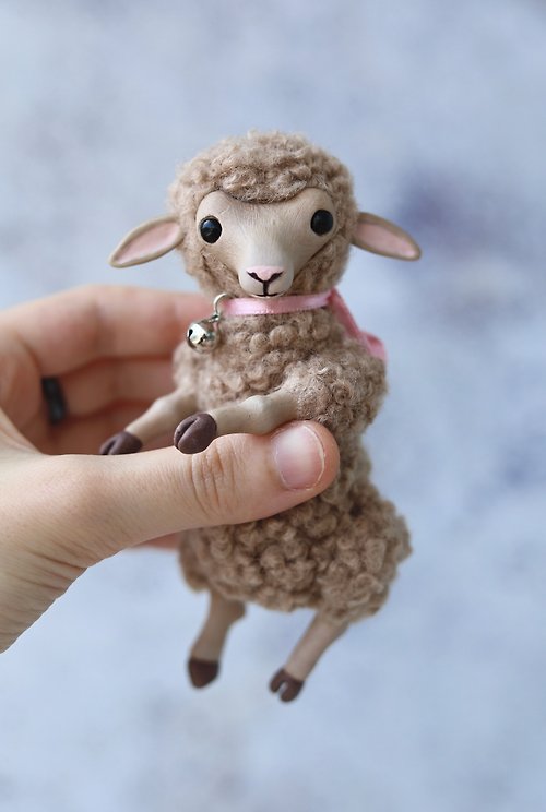 Jellyfish Handmade Cute sheep, mixed media toy, plush sheep, polymer clay sheep, faux fur sheep art