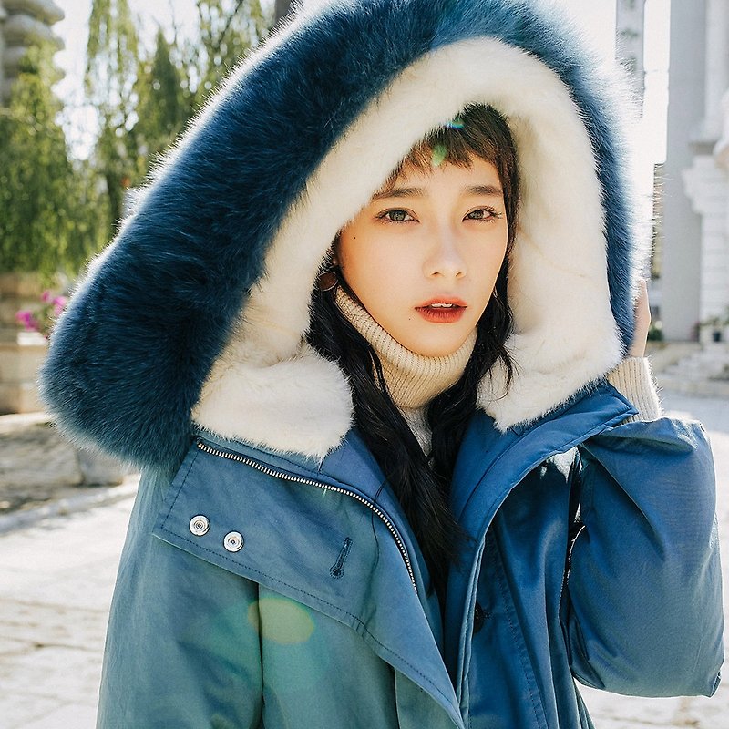 AnneChen2018 women's winter wear really fox fur big collar micro long down jacket - เสื้อแจ็คเก็ต - เส้นใยสังเคราะห์ สีน้ำเงิน