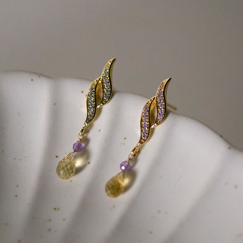 【Veverka】日出時分 - 天然石耳環 紫水晶 黃水晶 可改夾 - 耳環/耳夾/耳骨夾 - 半寶石 黃色