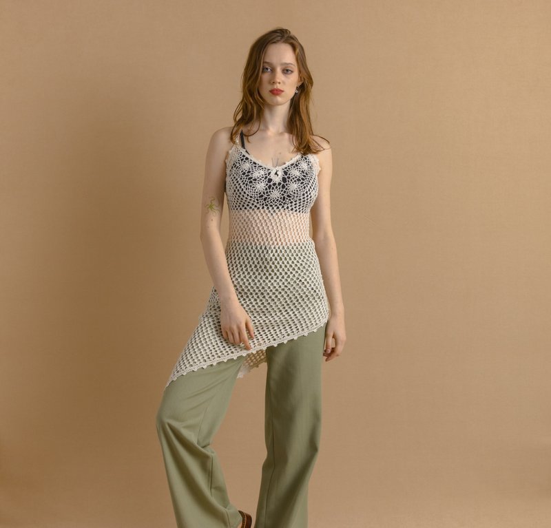 80s Retro Vintage White Crochet No Fastens Fetsival Summer Mini Dress 7481 - 洋裝/連身裙 - 棉．麻 白色