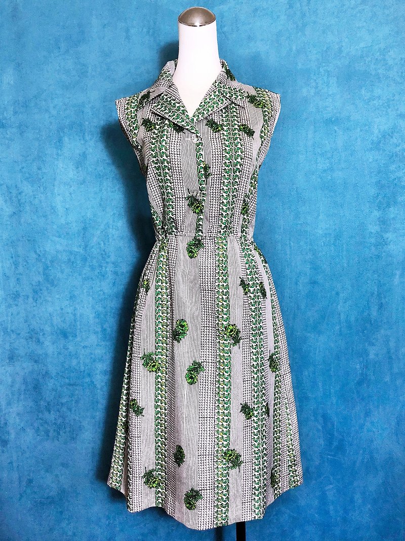 復古綠色小花無袖古著洋裝 / 國外帶回 VINTAGE - 洋裝/連身裙 - 聚酯纖維 綠色