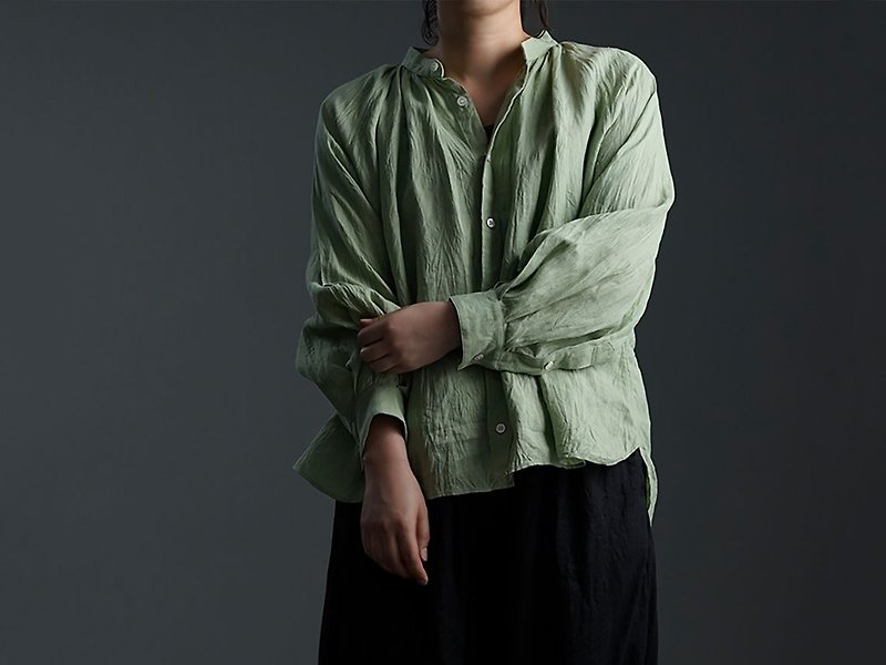 wafu - 亞麻女裝襯衫 Lightweight Linen Airy Shirt / Pastel Green t034a-meg1 - เสื้อเชิ้ตผู้หญิง - ลินิน สีเขียว