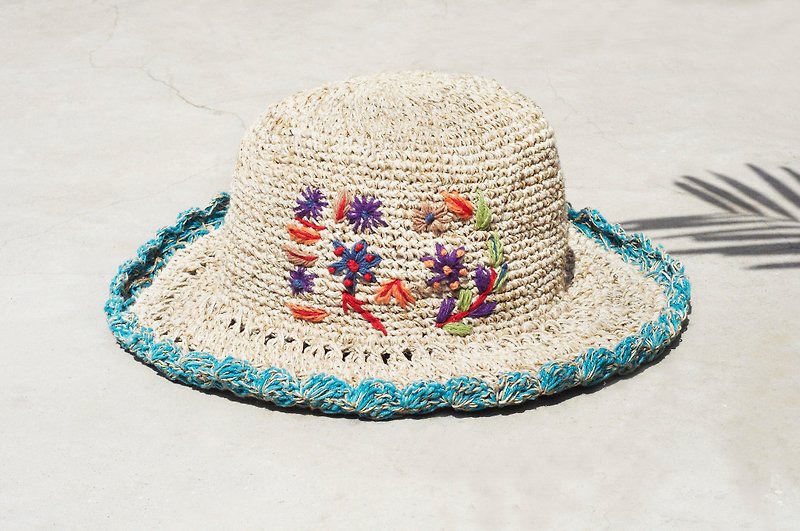 Mother's Day gift limited a hand-woven cotton / hat / hat / fisherman hat / sun hat / straw hat / straw hat - Boho rainbow embroidery flowers forest wind (blue) - หมวก - ผ้าฝ้าย/ผ้าลินิน สีน้ำเงิน