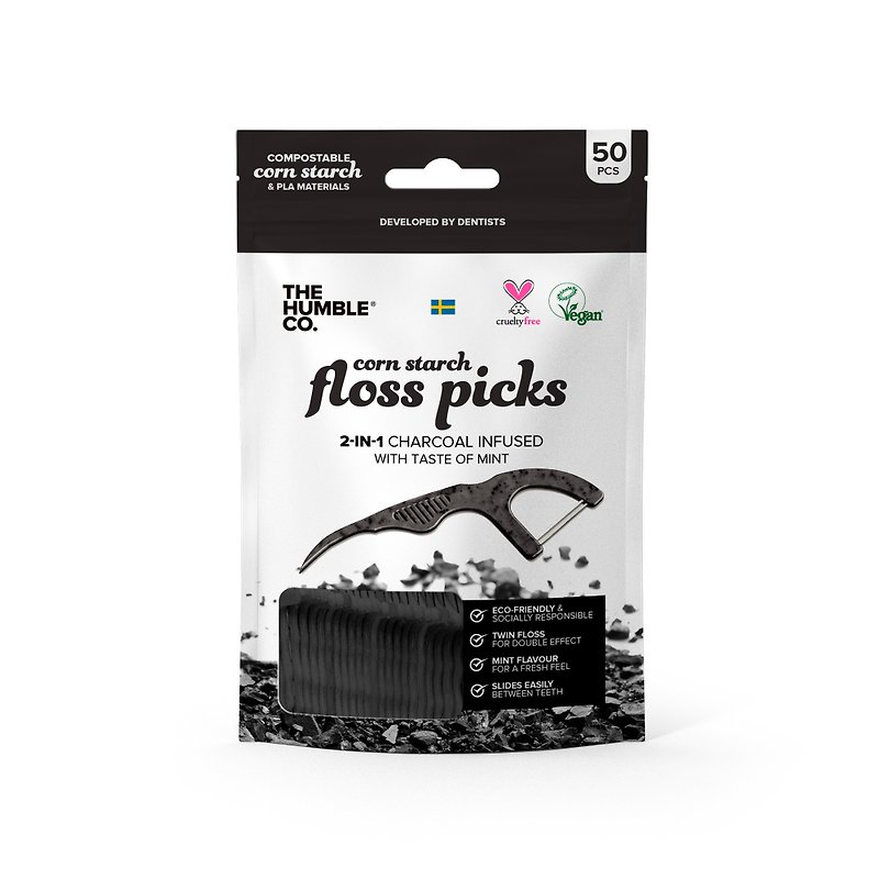 natural humble floss picks - charcoal (50 pack) - แปรงสีฟัน - วัสดุอื่นๆ สีดำ
