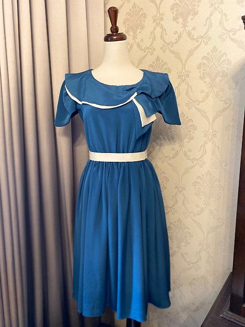 【藏私‧Collection】 天藍公主花苞短袖古著洋裝日本製