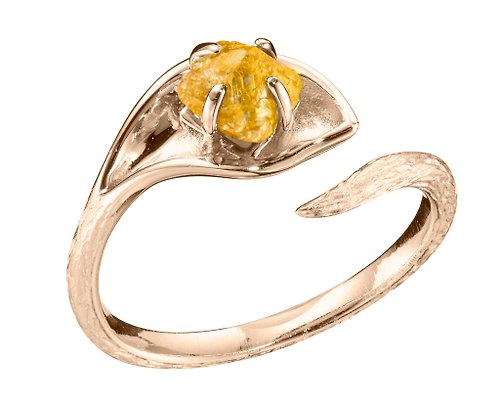 Majade Jewelry Design 黃寶石14k黃金馬蹄蓮戒指 海芋花原石訂婚戒指 樹紋原礦求婚戒指