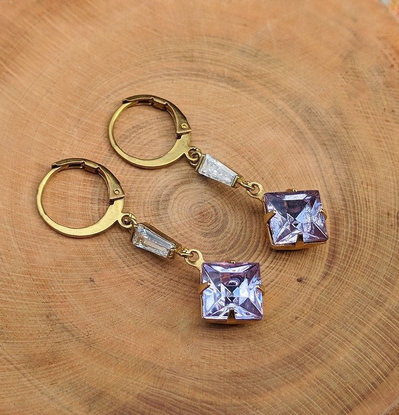 紫羅蘭色鋯石黃銅耳環 - 耳環/耳夾 - 玻璃 紫色