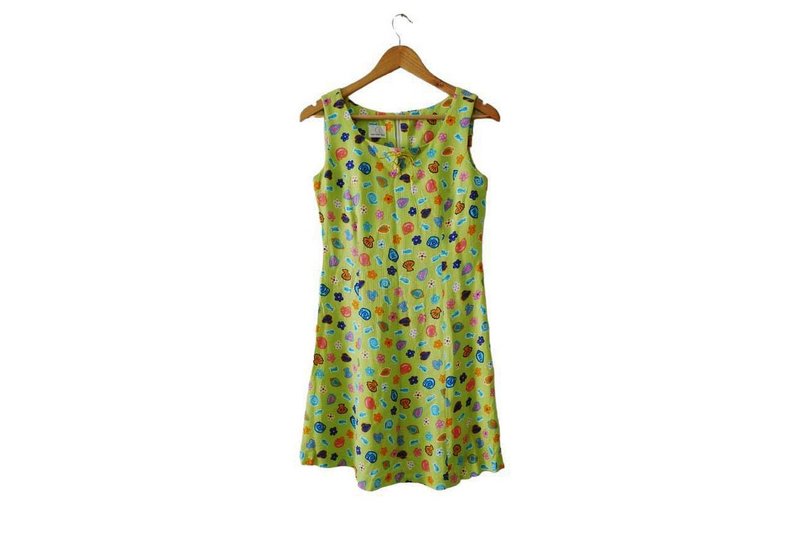 80s Lime Green AQUARIUM sleeveless mini dress, fish and sea shell printed, Small - 洋裝/連身裙 - 聚酯纖維 綠色