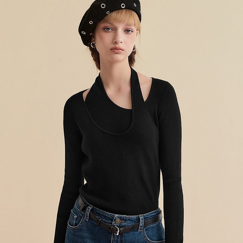 OUWEY Ouwei irregular collar knitted top (black) 3233195017 - สเวตเตอร์ผู้หญิง - ไนลอน 