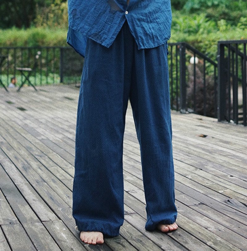 Dark blue plant-dyed sports yoga wide-leg pants drawstring elastic waist bloomer trousers summer breathable straight-leg pants - Women's Pants - Cotton & Hemp Blue