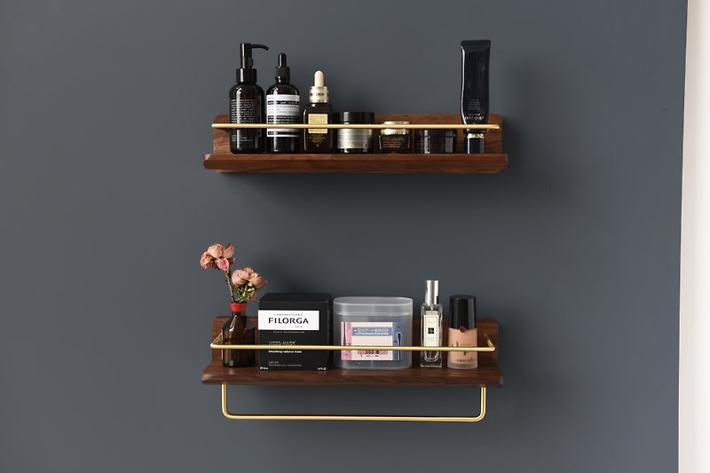 Wall-mounted shelves for kitchen, bathroom, cosmetics and towel storage, North American black walnut + Bronze beauty items - กล่องเก็บของ - ไม้ 
