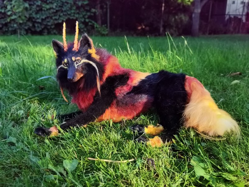 fire Wolf fantasy animal poseable Custom order - Stuffed Dolls & Figurines - Other Man-Made Fibers Multicolor