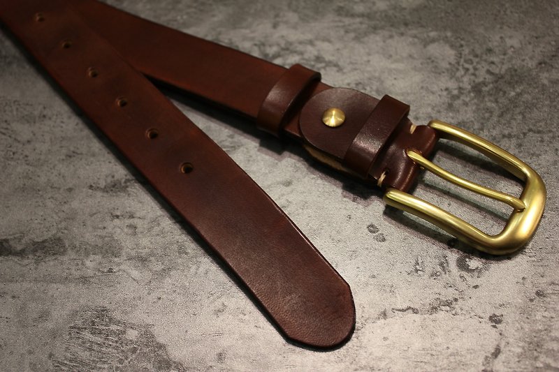 [Mini5] hand dyed handmade belt / vegetable tanned leather / brass head / unisex (focus brown) - เข็มขัด - หนังแท้ 