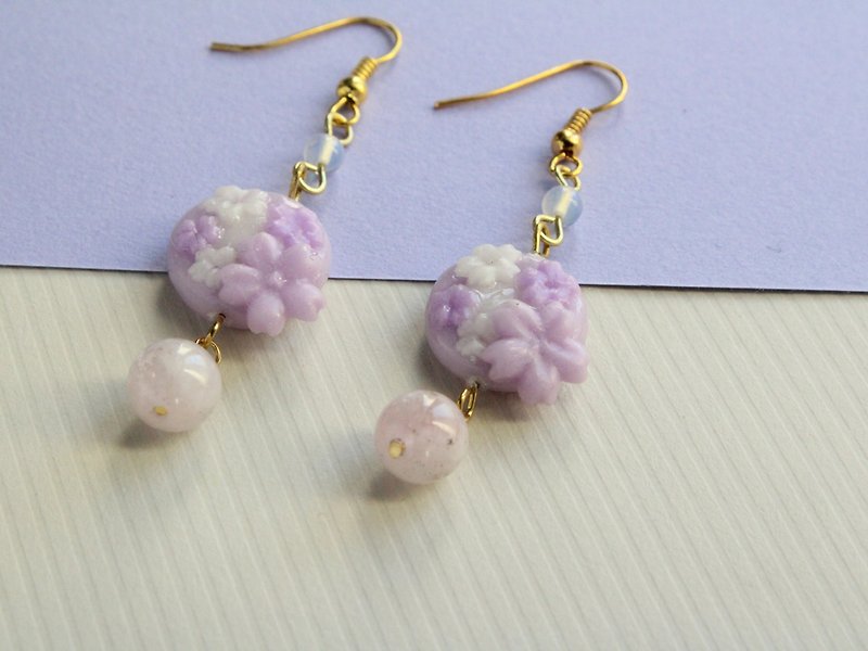 Purple clay flower earrings with morganite stone - Earrings & Clip-ons - Clay Purple