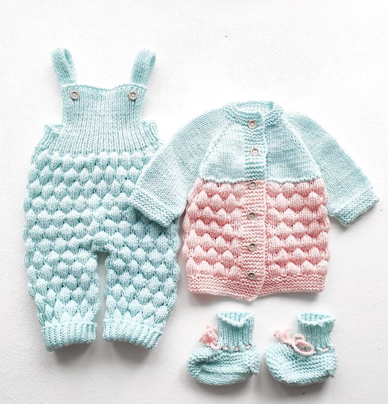 Knitting pattern for baby set, 0-3 months, pdf instruction in English - 包屁衣/連身衣 - 羊毛 粉紅色