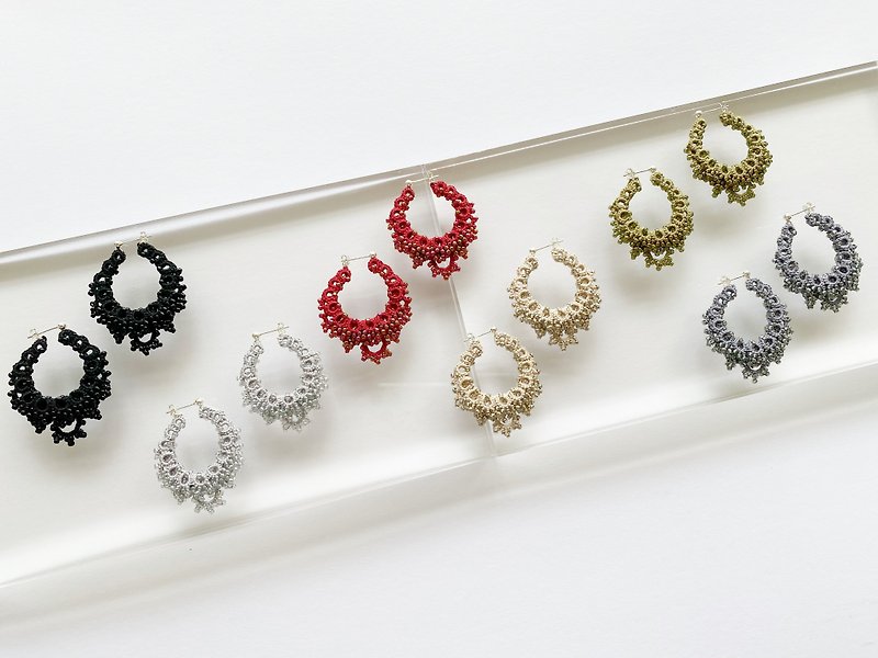 Hoop L hoop earrings/lace weaving/hand-woven/S925 sterling silver earrings/elegant style - Earrings & Clip-ons - Cotton & Hemp 